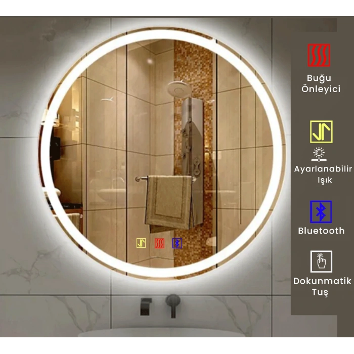 70 cm (çap) Bluetoothlu Buğu Çözücülü Dokunmatik Işıklı Kumlamalı Yuvarlak Banyo Aynası