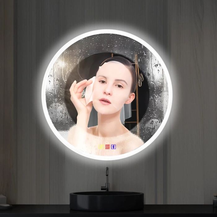 70 cm (çap) Bluetoothlu Buğu Çözücülü Dokunmatik Işıklı Kumlamalı Yuvarlak Banyo Aynası