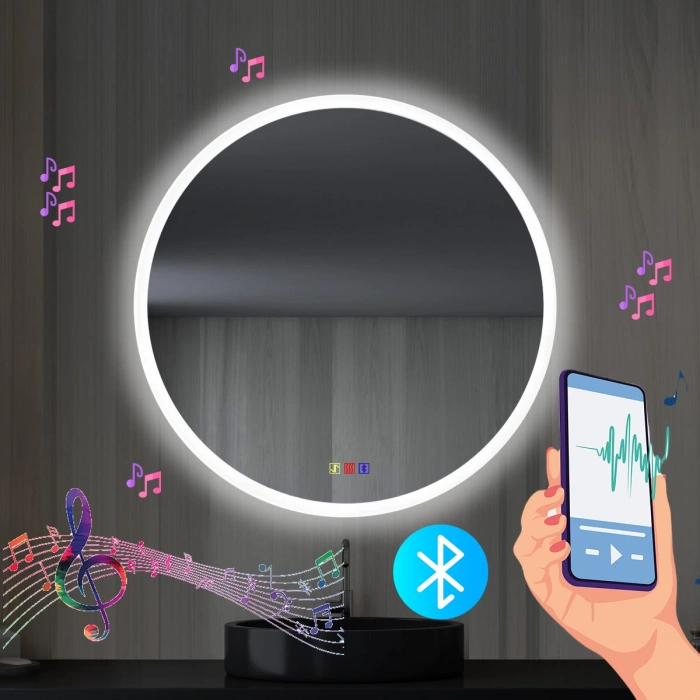 70 cm (çap) Bluetoothlu Buğu Çözücülü Dokunmatik Işıklı Kumlamalı Yuvarlak Banyo Aynası
