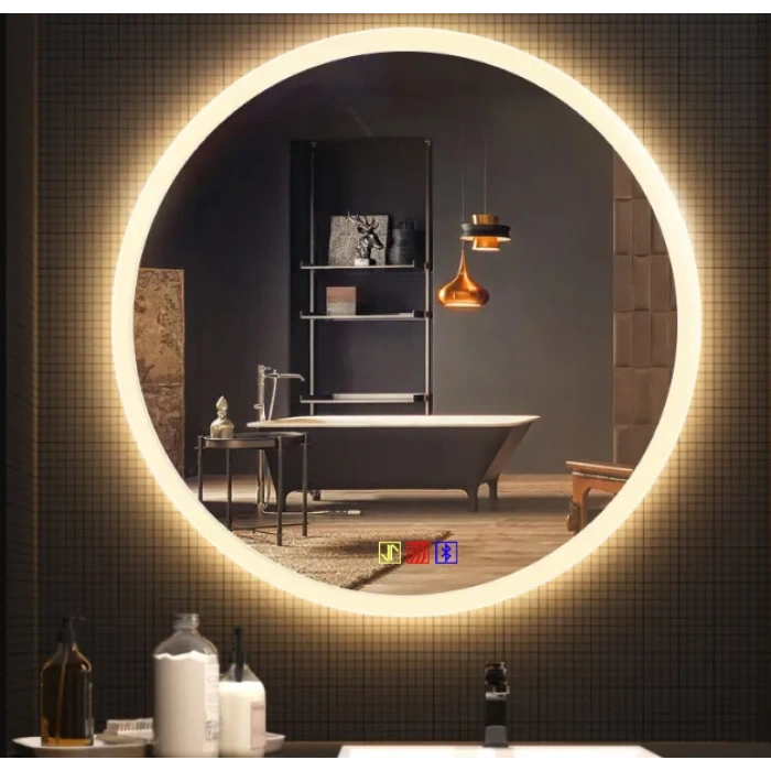 70 cm (çap) Bluetoothlu Buğu Çözücülü Dokunmatik Işıklı Kumlamalı Yuvarlak Banyo Aynası