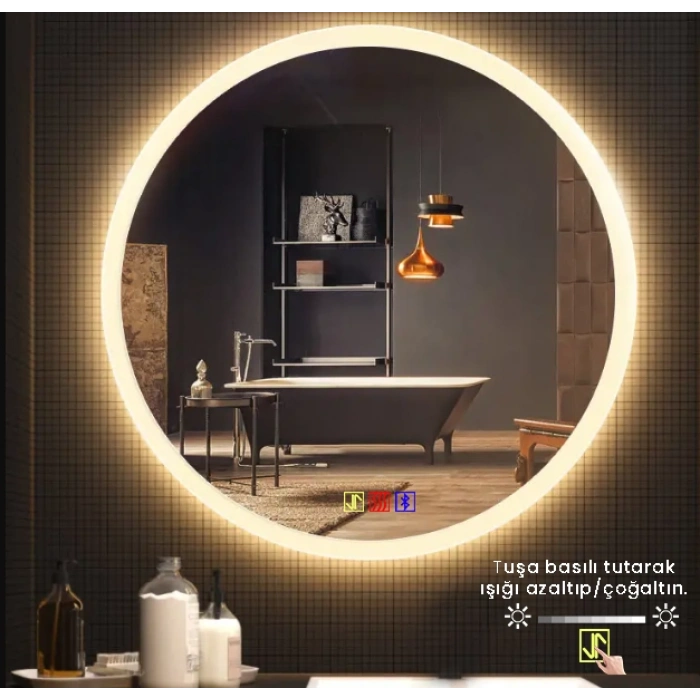70 cm (çap) Bluetoothlu Buğu Çözücülü Dokunmatik Işıklı Kumlamalı Yuvarlak Banyo Aynası