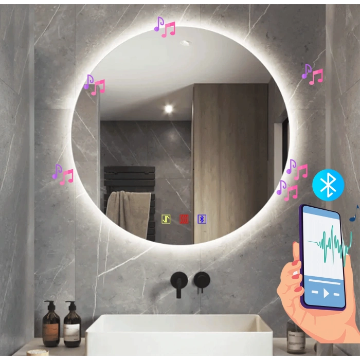 70 cm (çap) Bluetoothlu Buğu Çözücülü Dokunmatik Işıklı Ledli Yuvarlak Banyo Aynası
