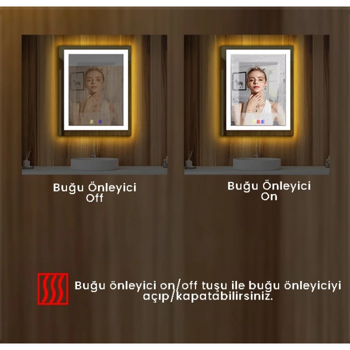 70x100(h) cm Bluetoothlu Buğu Çözücülü Dokunmatik Işıklı Kumlamalı Banyo Aynası