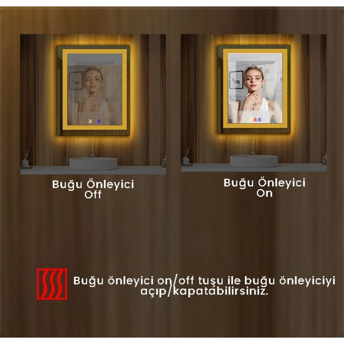 70x120(h) cm Bluetoothlu Buğu Çözücülü Dokunmatik Işıklı Kumlamalı Banyo Aynası