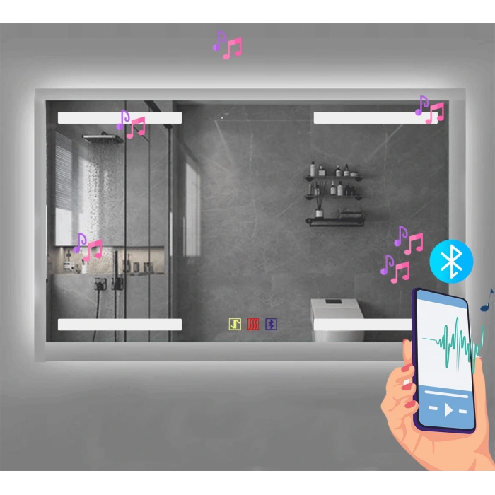 70x50(h)cm Bluetoothlu Buğu Çözücülü Dokunmatik Işıklı Kumlamalı Banyo Aynası