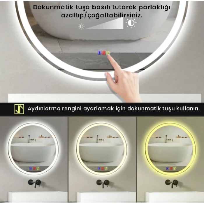 80 cm (çap) Bluetoothlu Buğu Çözücülü Dokunmatik Işıklı Kumlamalı Yuvarlak Banyo Aynası