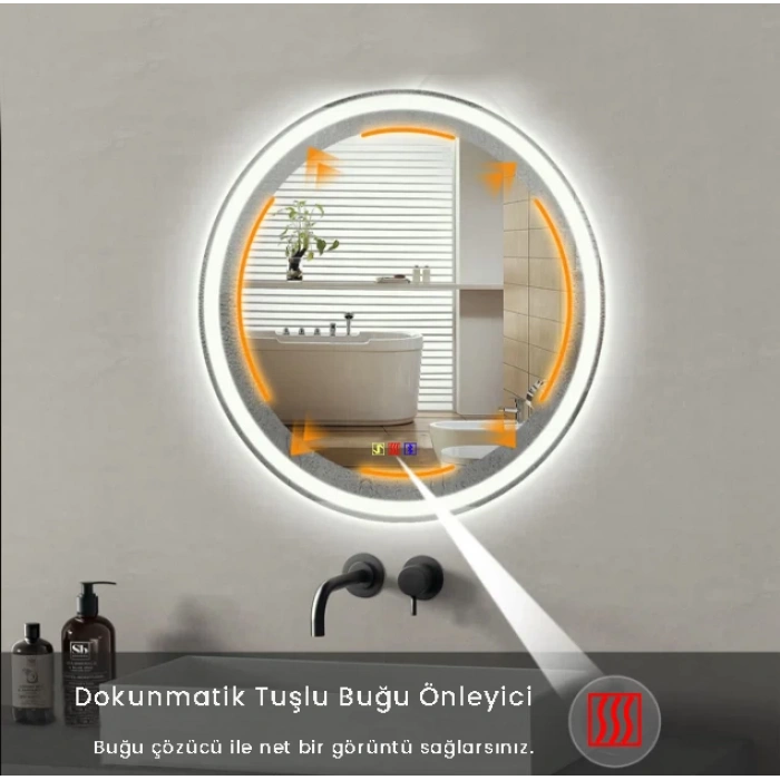 80 cm (çap) Bluetoothlu Buğu Çözücülü Dokunmatik Işıklı Kumlamalı Yuvarlak Banyo Aynası