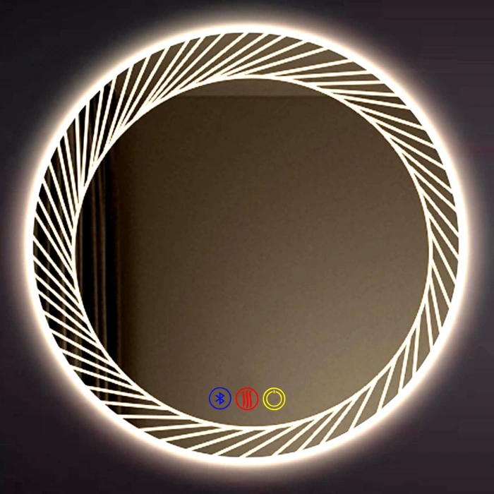 80 cm (çap) Kumlama Ledli Buğu Önleyicili Bluetoothlu Yuvarlak Banyo Aynası