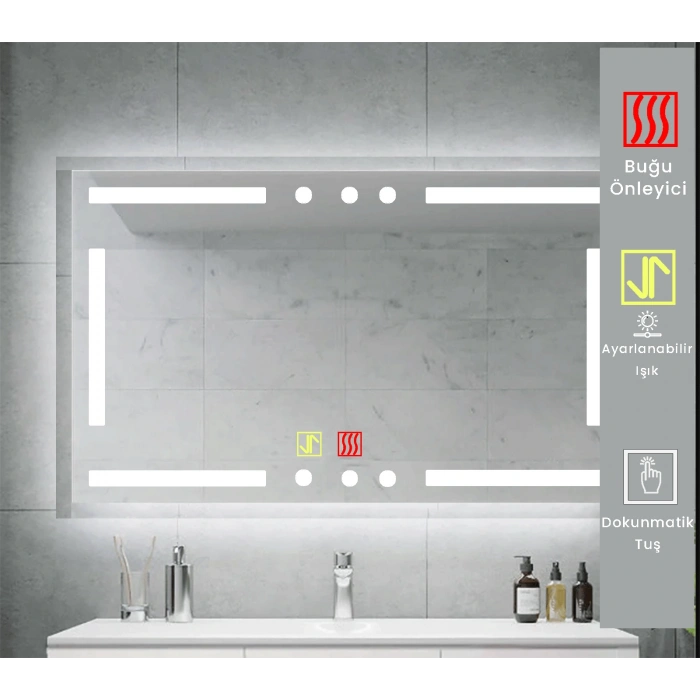 80x100 cm Buğu Çözücülü Dokunmatik Işıklı Kumlamalı Banyo Aynası