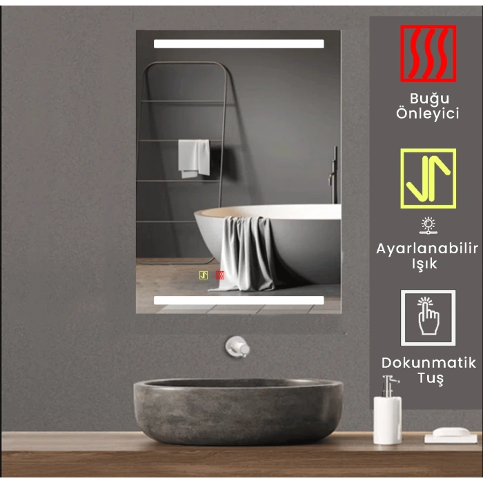 80x100 cm Buğu Çözücülü Dokunmatik Işıklı Kumlamalı Banyo Aynası