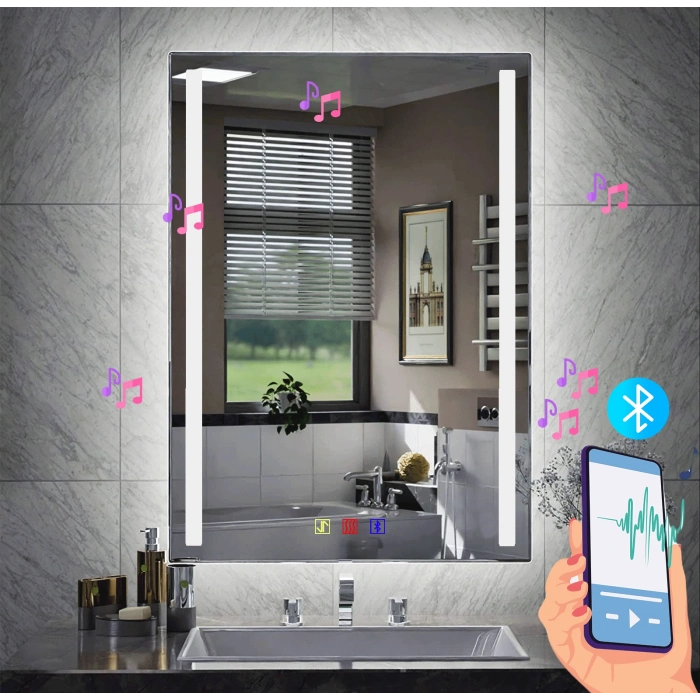 80x100(h) cm Bluetoothlu Buğu Çözücülü Dokunmatik Işıklı Kumlamalı Banyo Aynası