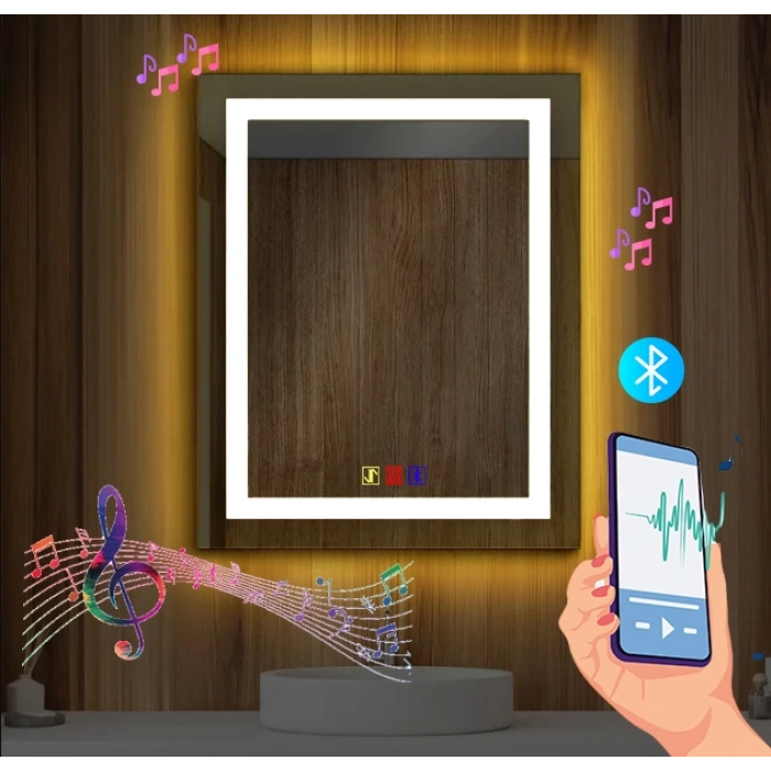 80x100(h) cm Bluetoothlu Buğu Çözücülü Dokunmatik Işıklı Kumlamalı Banyo Aynası