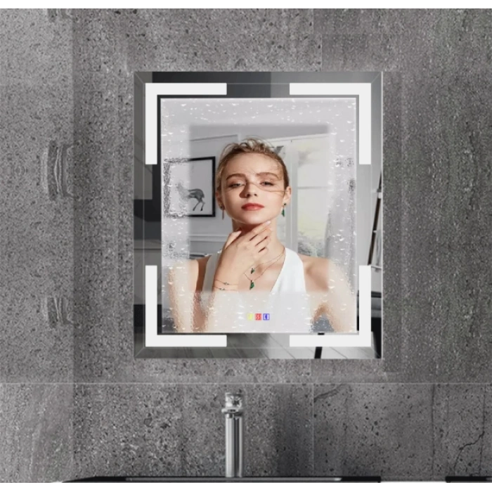 80x100(h) cm Bluetoothlu Buğu Çözücülü Dokunmatik Işıklı Kumlamalı Banyo Aynası