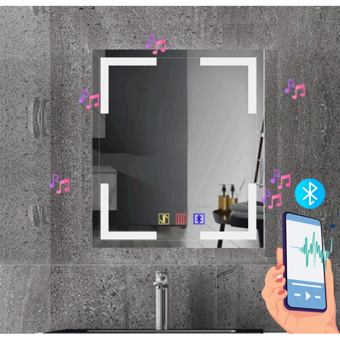 80x120(h) cm Bluetoothlu Buğu Çözücülü Dokunmatik Işıklı Kumlamalı Banyo Aynası