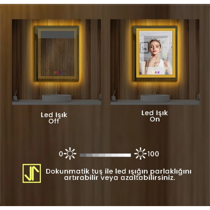 80x120(h) cm Bluetoothlu Buğu Çözücülü Dokunmatik Işıklı Kumlamalı Banyo Aynası