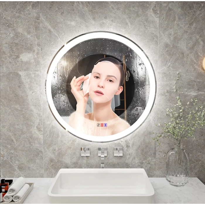 90 cm (çap) Bluetoothlu Buğu Çözücülü Dokunmatik Işıklı Kumlamalı Yuvarlak Banyo Aynası