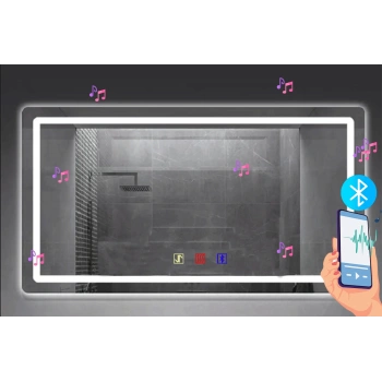 (h)70x120 cm Bluetoothlu Buğu Çözücülü Dokunmatik Işıklı Kumlamalı Banyo Aynası