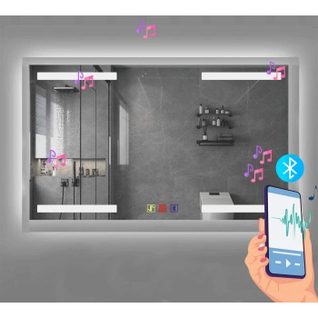 100x70(h) cm Bluetoothlu Buğu Çözücülü Dokunmatik Işıklı Kumlamalı Banyo Aynası