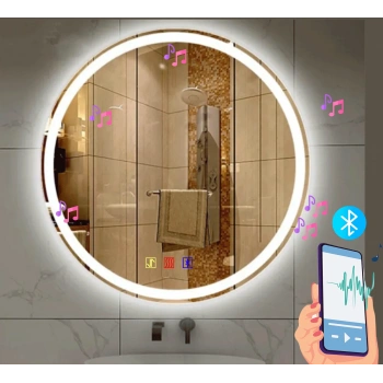 60 cm (çap) Bluetoothlu Buğu Çözücülü Dokunmatik Işıklı Kumlamalı Yuvarlak Banyo Aynası