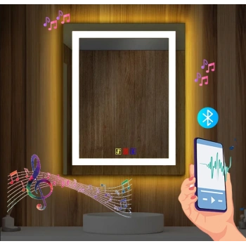 60x80(h) cm Bluetoothlu Buğu Çözücülü Dokunmatik Işıklı Kumlamalı Banyo Aynası