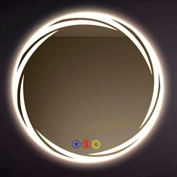 60 cm (çap) Kumlama Ledli Buğu Önleyicili Bluetoothlu Yuvarlak Banyo Aynası