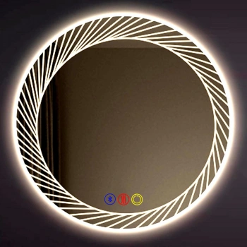 70 cm (çap) Kumlama Ledli Buğu Önleyicili Bluetoothlu Yuvarlak Banyo Aynası