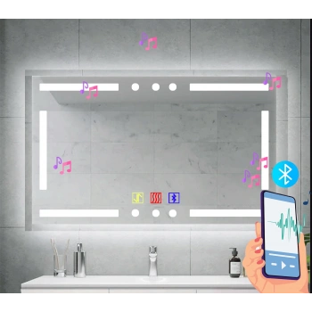 80x60(h) cm Bluetoothlu Buğu Çözücülü Dokunmatik Işıklı Kumlamalı Banyo Aynası