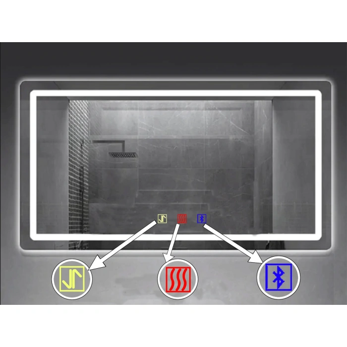 (h)70x100 cm Bluetoothlu Buğu Çözücülü Dokunmatik Işıklı Kumlamalı Banyo Aynası