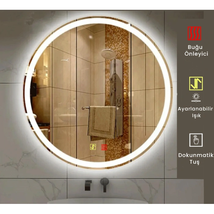 90 cm (çap) Buğu Çözücülü Dokunmatik Işıklı Kumlamalı Yuvarlak Banyo Aynası