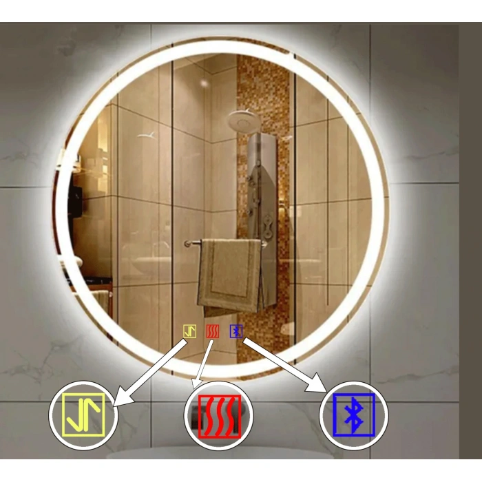 60 cm (çap) Bluetoothlu Buğu Çözücülü Dokunmatik Işıklı Kumlamalı Yuvarlak Banyo Aynası