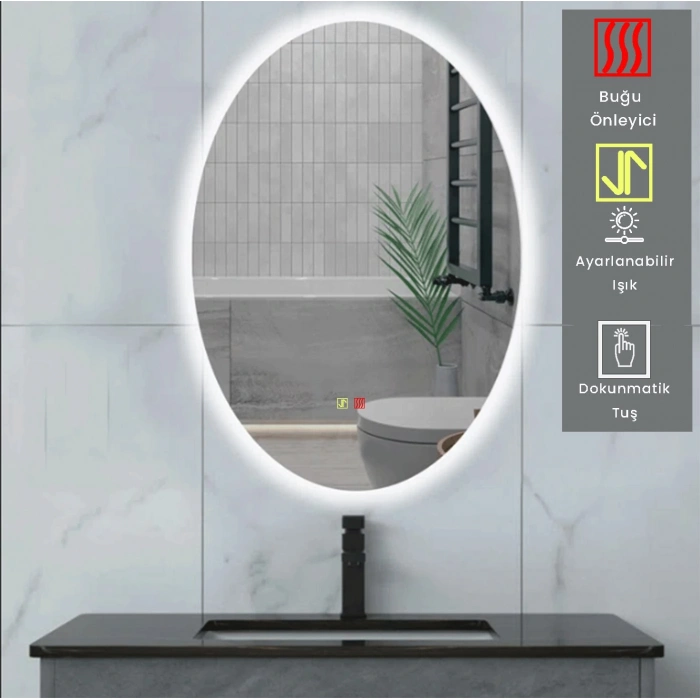 60x80(h) cm Buğu Çözücülü Dokunmatik Işıklı Ledli Elips Banyo Aynası