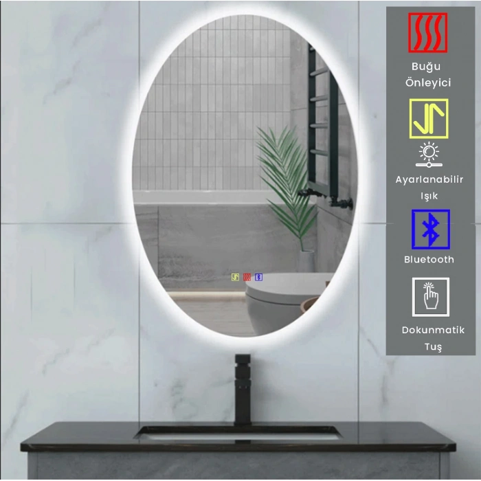 60x80(h) cm Bluetoothlu Buğu Çözücülü Dokunmatik Işıklı Ledli Elips Banyo Aynası