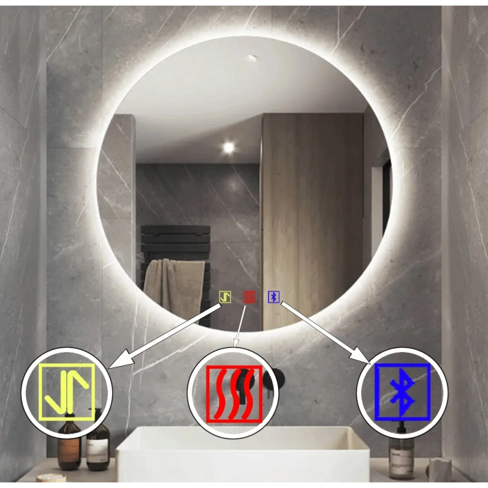 60 cm (çap) Bluetoothlu Buğu Çözücülü Dokunmatik Işıklı Ledli Yuvarlak Banyo Aynası