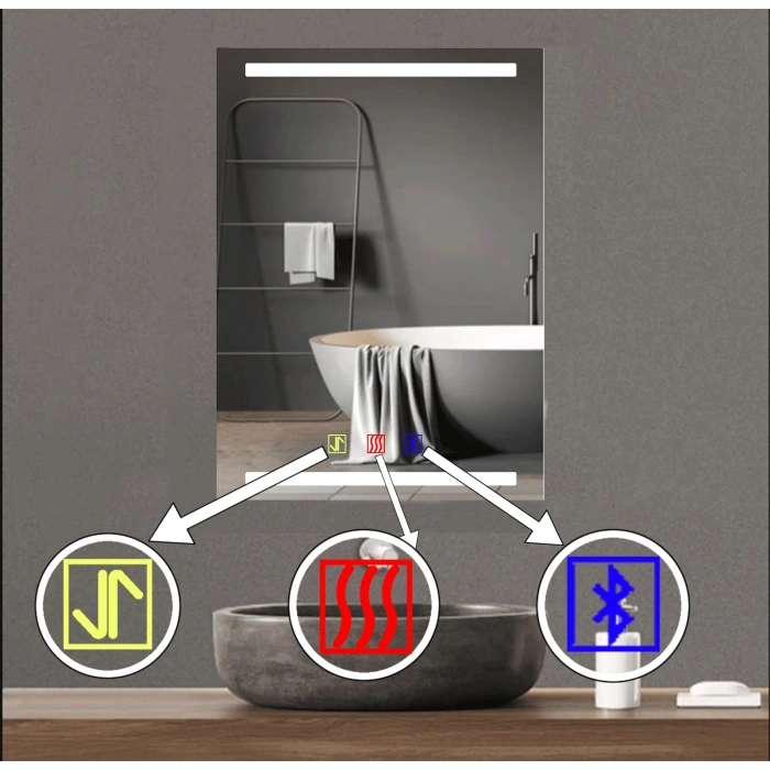 80x100(h) cm Bluetoothlu Buğu Çözücülü Dokunmatik Işıklı Kumlamalı Banyo Aynası