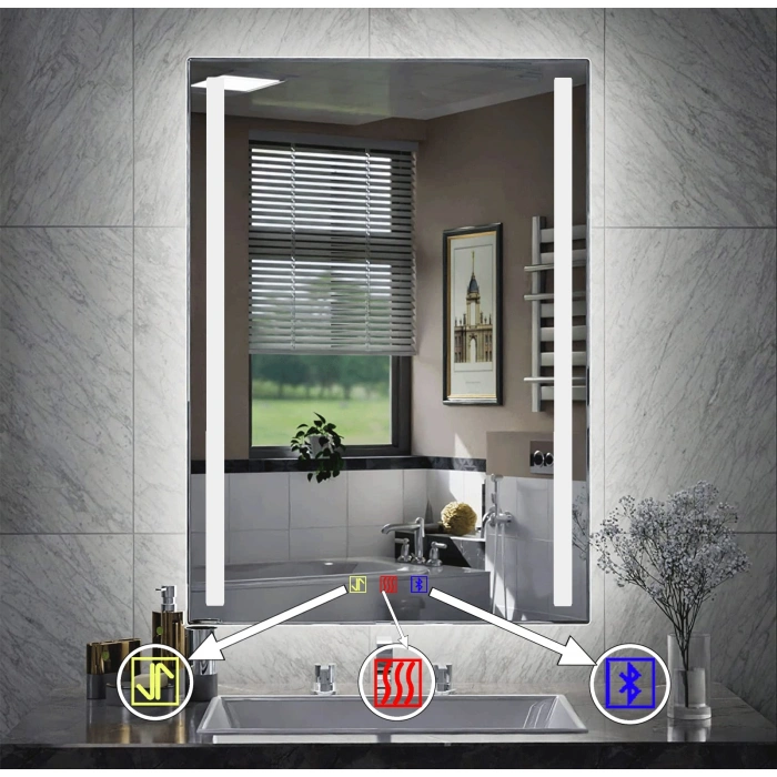 70x120(h) cm Bluetoothlu Buğu Çözücülü Dokunmatik Işıklı Kumlamalı Banyo Aynası