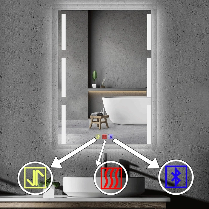 70x100(h) cm Bluetoothlu Buğu Çözücülü Dokunmatik Işıklı Kumlamalı Banyo Aynası