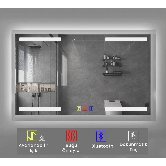 120x70h) cm Bluetoothlu Buğu Çözücülü Dokunmatik Işıklı Kumlamalı Banyo Aynası