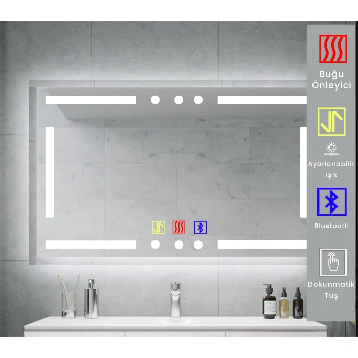 120x70h) cm Bluetoothlu Buğu Çözücülü Dokunmatik Işıklı Kumlamalı Banyo Aynası