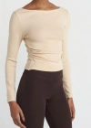 Büzgülü Kayık Yaka Top-Açık Bej