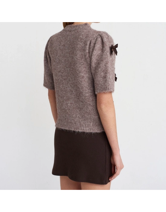 Bisiklet Yaka Fiyonk Detaylı Kısa Kollu Triko Kazak-Koyu Vizon