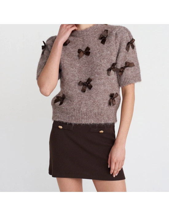 Bisiklet Yaka Fiyonk Detaylı Kısa Kollu Triko Kazak-Koyu Vizon