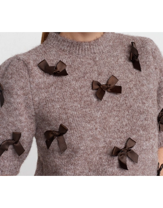 Bisiklet Yaka Fiyonk Detaylı Kısa Kollu Triko Kazak-Koyu Vizon