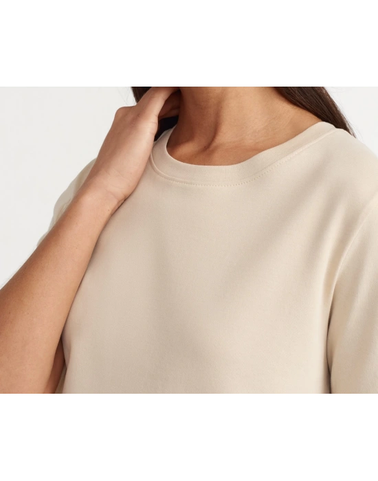 Bisiklet Yaka Pamuklu T-shirt-Açık Bej