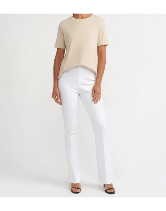 Bisiklet Yaka Pamuklu T-shirt-Açık Bej