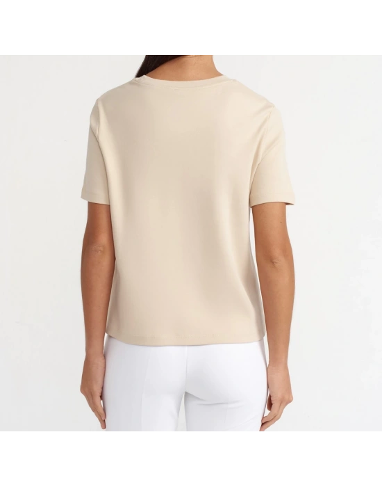 Bisiklet Yaka Pamuklu T-shirt-Açık Bej