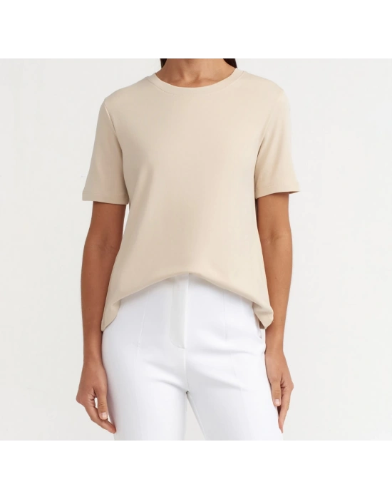 Bisiklet Yaka Pamuklu T-shirt-Açık Bej