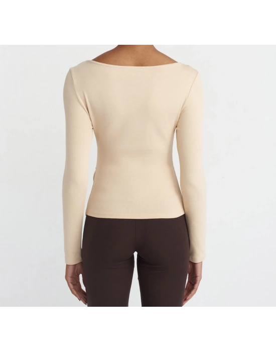 Büzgülü Kayık Yaka Top-Açık Bej