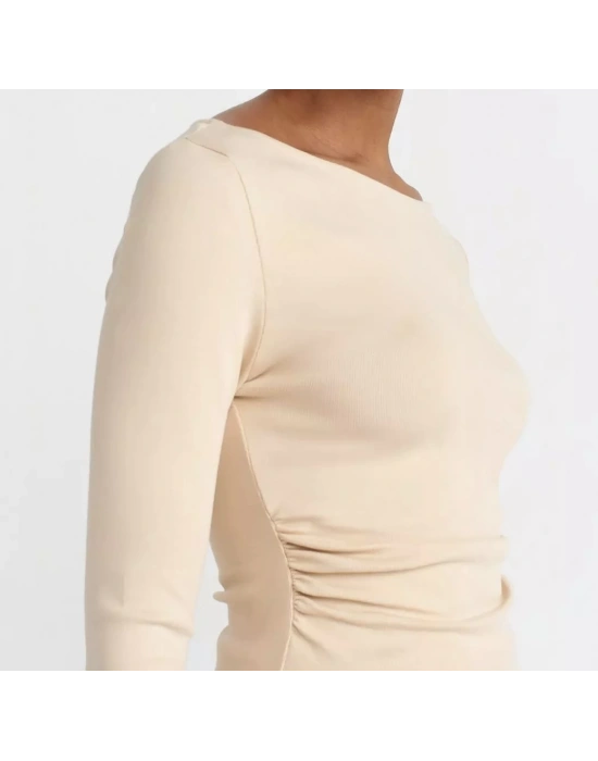 Büzgülü Kayık Yaka Top-Açık Bej