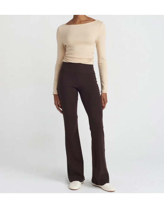 Büzgülü Kayık Yaka Top-Açık Bej