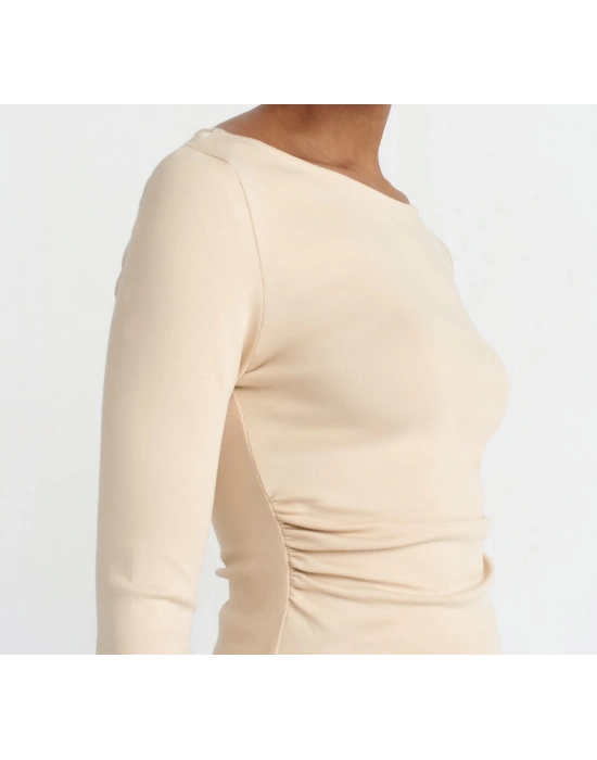 Büzgülü Kayık Yaka Top-Açık Bej